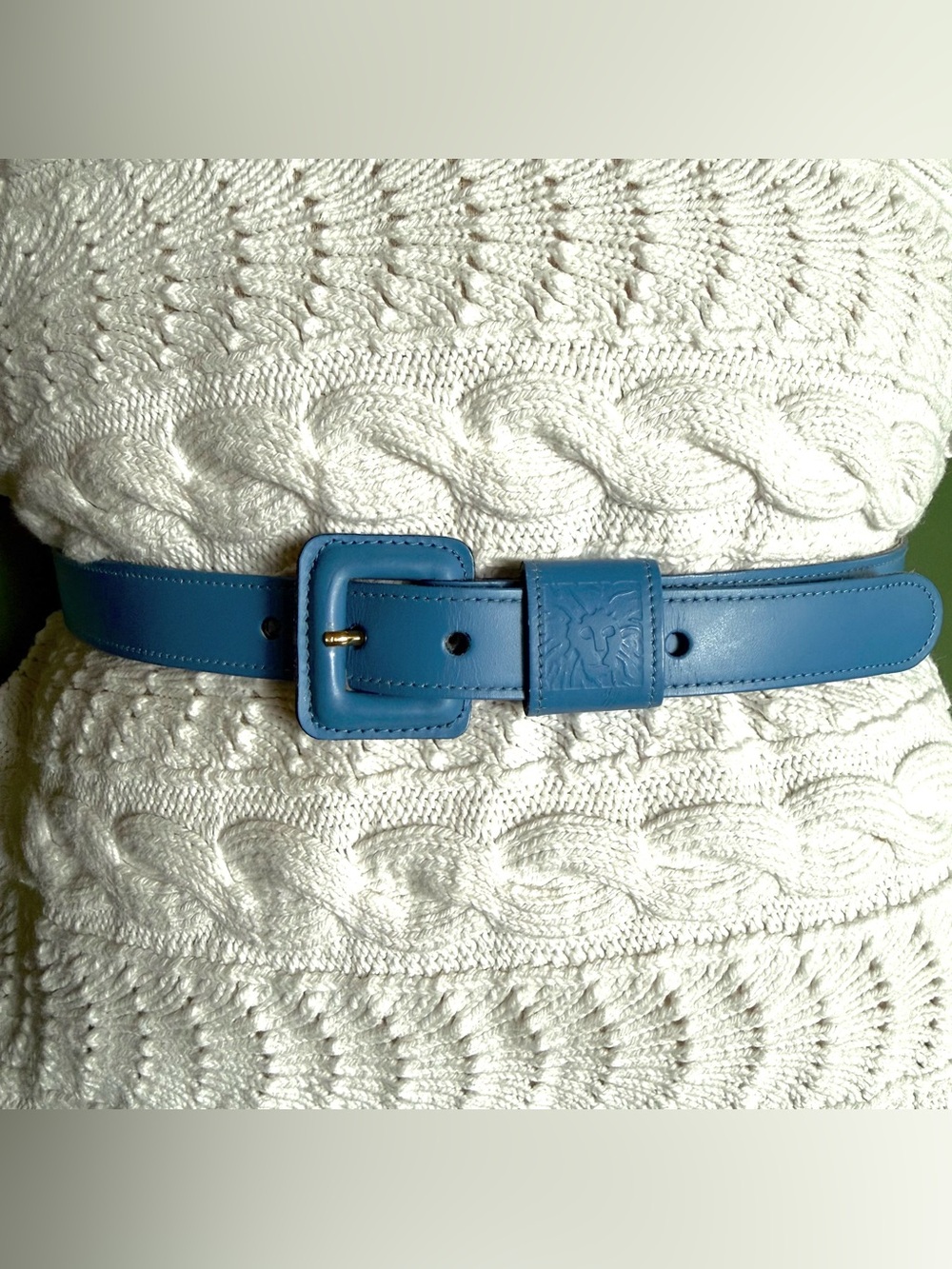 Anne Klein Sky Blue Leather Men's Belt with Embossed Logo